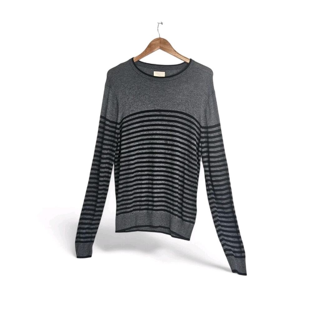 Mills Supply Gray Black Striped Lightweight Thin Crewneck Sweater Men's Medium